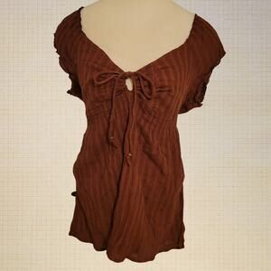 No Boundaries Cottage Core Brown Peasant Blouse Tie Front Cinch Waist L XL